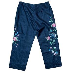 Allison Taylor Black Linen Pants 14 Embroidered Floral Cropped Boho Straight Leg